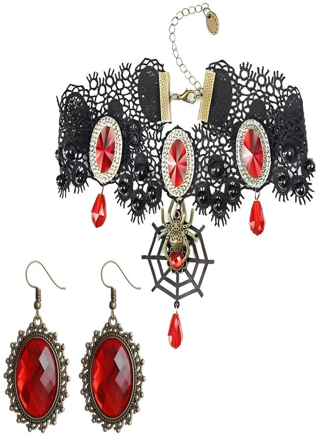 2-Piece Gothic Jewellery Choker Necklace, Lace Choker Set with Earrings for Women, Stylish Black and Red Choker Necklace Set, Gothic Choker for Women, Perfects Gift for Birthday Anniversary Valentine’s Day