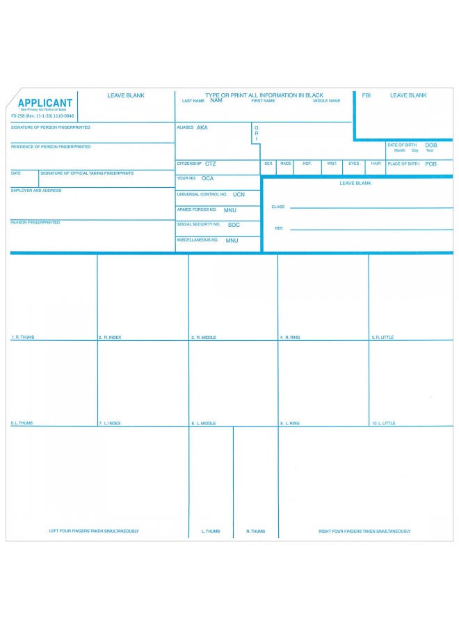 Crime Scene Fingerprint Cards, Applicant FD-258, 50 pack  - Image 1