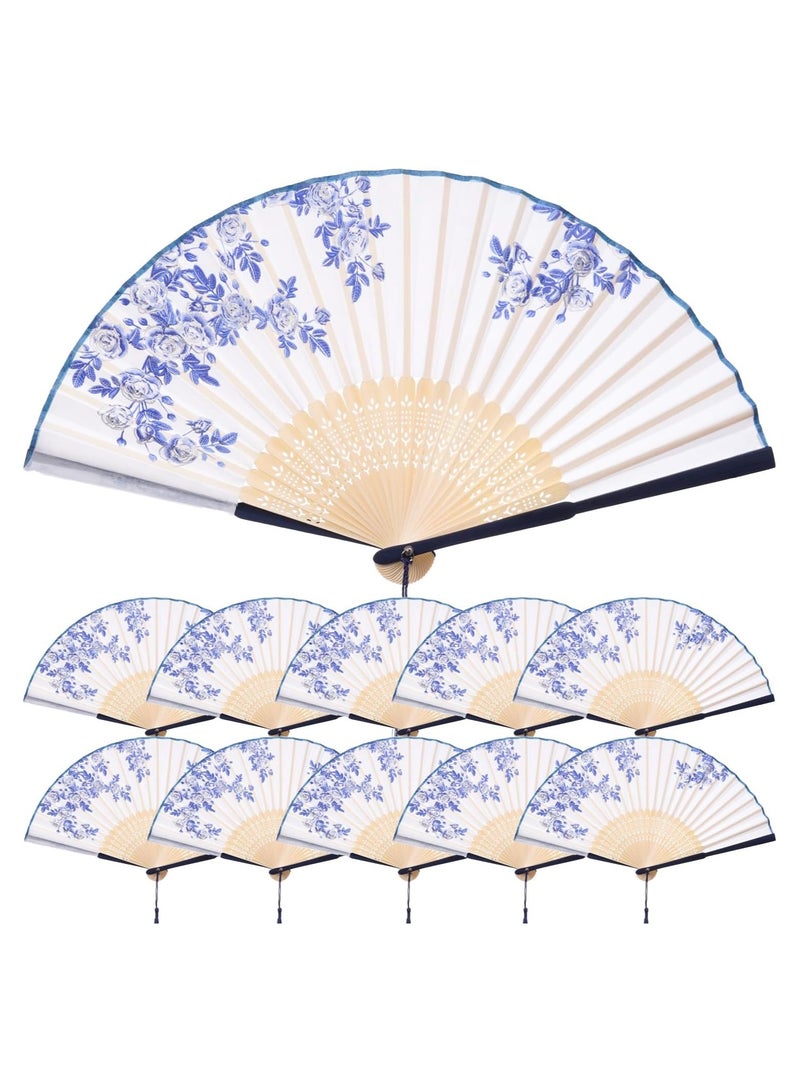 10PCS Handheld Silk Folding Fans, Blue and White Porcelain Floral Design, Perfect for Birthdays, Dancing, Cosplay, Weddings, Parties, and Events - Elegant Chinese Paper Fans for All Occasions. - Image 1