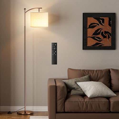 Ambimall 60" Floor Lamp with Remote Control and Stepless Dimmable Bulb, Colors Temperature & Brightness Adjustable, Modern Floor Lamps for Living Room, Beige Shade & Brown Pole - Image 1