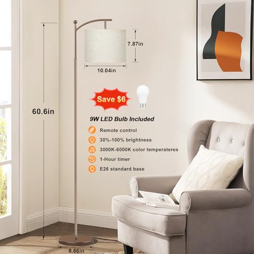 Ambimall 60" Floor Lamp with Remote Control and Stepless Dimmable Bulb, Colors Temperature & Brightness Adjustable, Modern Floor Lamps for Living Room, Beige Shade & Brown Pole - Image 2