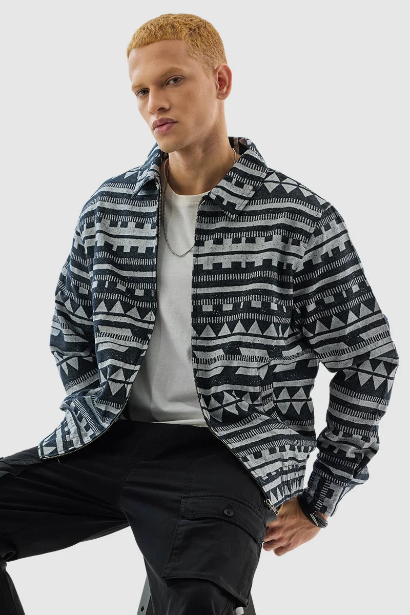 SNITCH Charcoal Grey Geometric Zipper Relaxed Fit Jacket