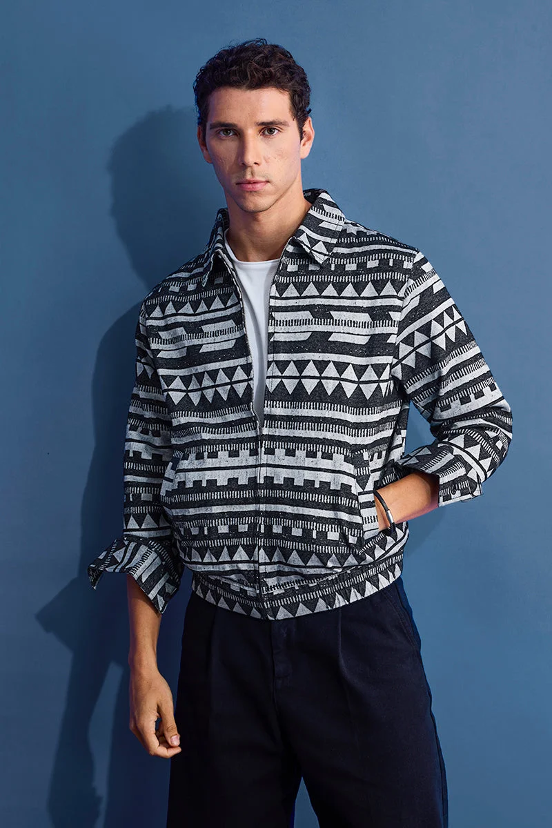 SNITCH Charcoal Grey Geometric Zipper Relaxed Fit Jacket
