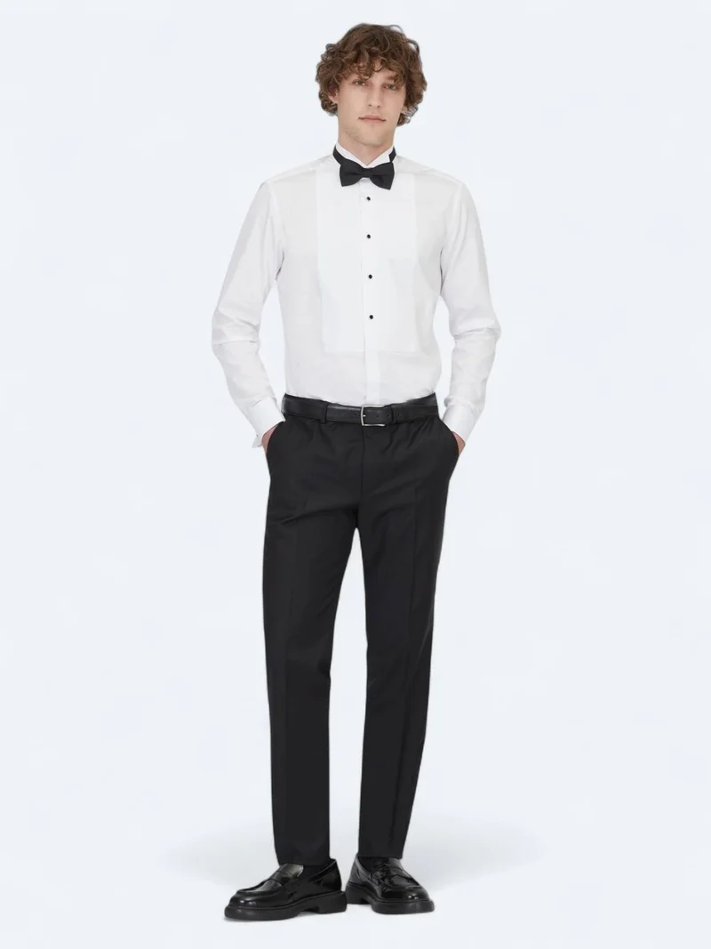Kip White Plain Slim Fit Double Cuff Wing Collar Tuxedo Shirts