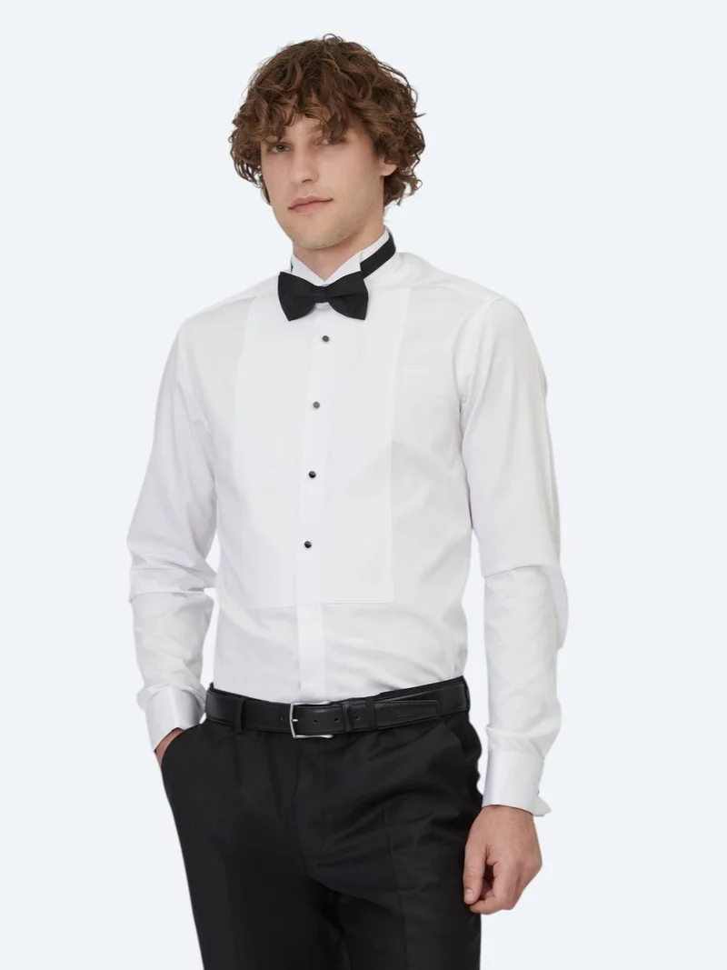 Kip White Plain Slim Fit Double Cuff Wing Collar Tuxedo Shirts