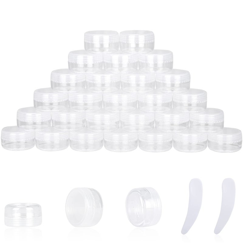 YOMOSPACE 25PCS 10 Gram Sample Containers 10ml Empty Jars with Lids Small Cosmetic Containers Mini Sample Jars with 2PCS Mini Spatulas for Make Up Oils Lotion Powder Paint Jewelry Lip BalmsClear Lid