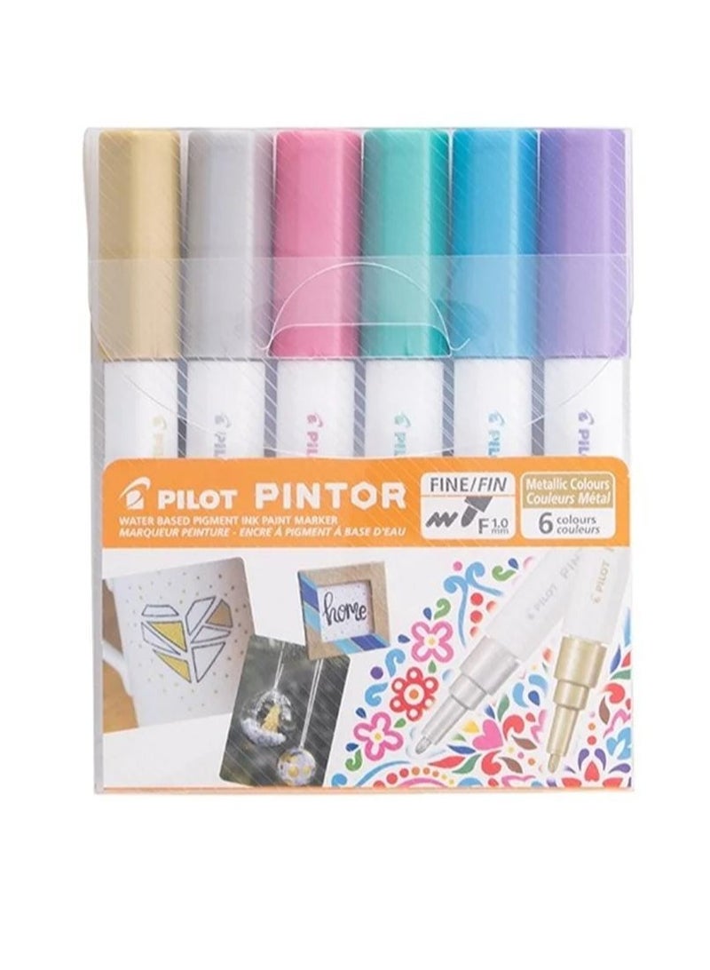 Pilot Pintor Metallic Water Based Paint Markers Set of 6 Fine 1.0mm tip - Image 1