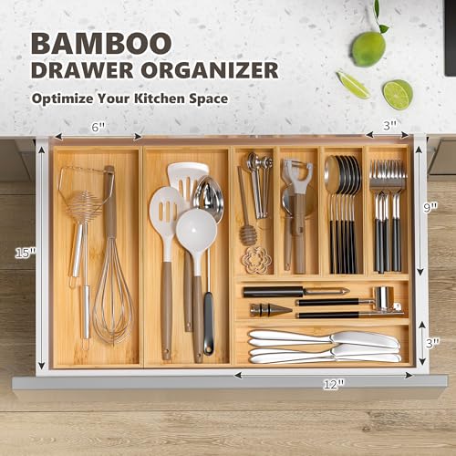 Greatseas Kitchen Drawer Organizer Tray, Stackable Bamboo Deep Drawer Organizer for Large Silverware, Utensils, Cutlery, Flatware,Junk Drawer, Dresser, Bathroom, 17" x 6" x 2.5" (Set of 2) - Image 3