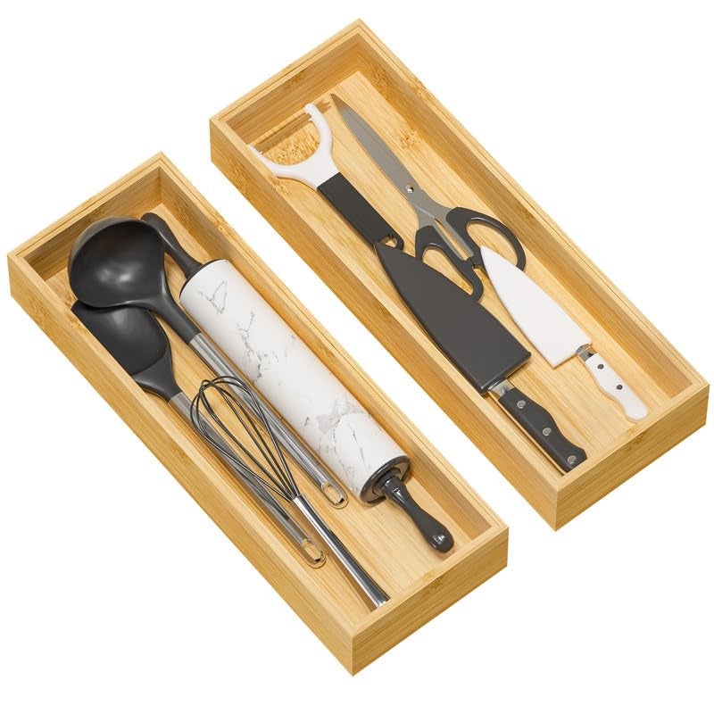 Greatseas Kitchen Drawer Organizer Tray, Stackable Bamboo Deep Drawer Organizer for Large Silverware, Utensils, Cutlery, Flatware,Junk Drawer, Dresser, Bathroom, 17" x 6" x 2.5" (Set of 2) - Image 1