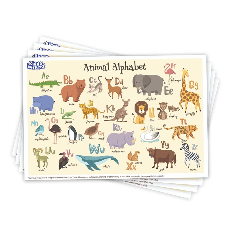 KIDDYKORNERZ 40 Pack Waterproof Disposable Placemats for Baby, Place mats for Kids, Toddler - Kids Placemats for Dining Table Tyke, Restaurants, and Travel (Animal Alphabet Theme) - Image 1