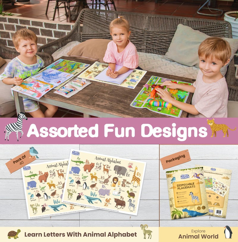 KIDDYKORNERZ 40 Pack Waterproof Disposable Placemats for Baby, Place mats for Kids, Toddler - Kids Placemats for Dining Table Tyke, Restaurants, and Travel (Animal Alphabet Theme) - Image 5