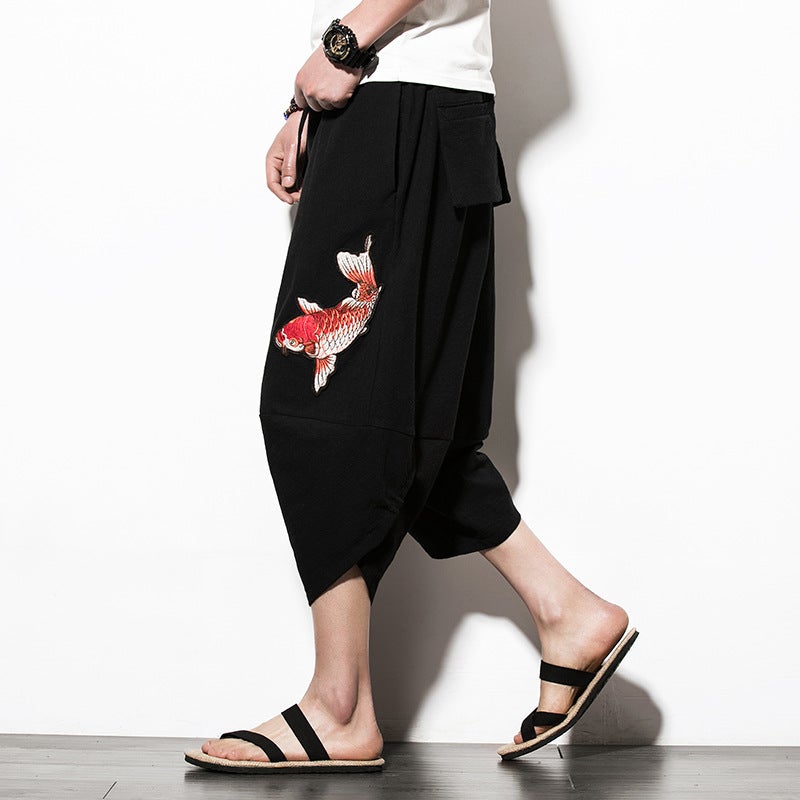 Summer 2019 Chinese Style Wide Leg Beach Pants Men'S Loose Cropped Pants Trendy Embroidered Plus Size Bloomers - Image 3