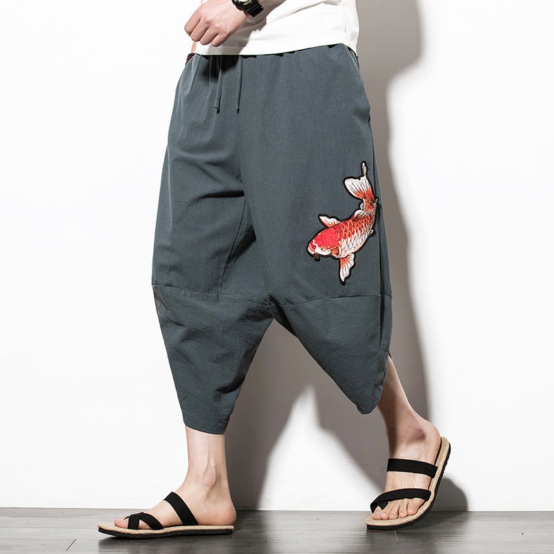 Summer 2019 Chinese Style Wide Leg Beach Pants Men'S Loose Cropped Pants Trendy Embroidered Plus Size Bloomers - Image 2