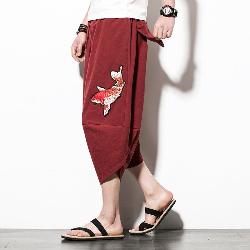 Summer 2019 Chinese Style Wide Leg Beach Pants Men'S Loose Cropped Pants Trendy Embroidered Plus Size Bloomers - Image 5