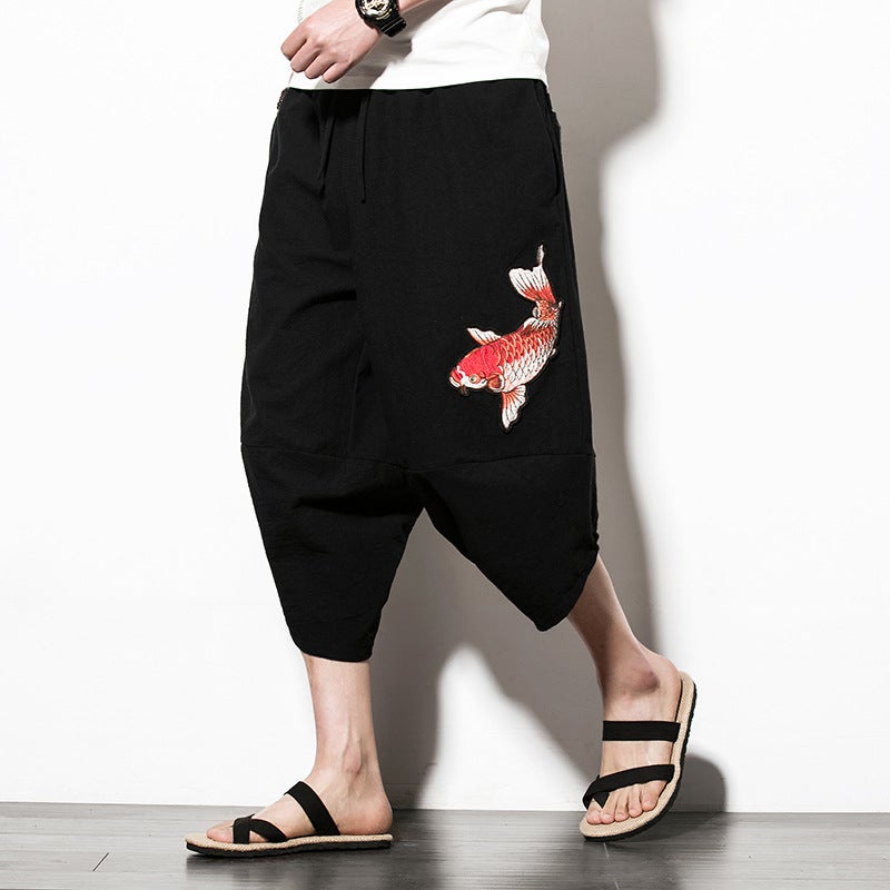 Summer 2019 Chinese Style Wide Leg Beach Pants Men'S Loose Cropped Pants Trendy Embroidered Plus Size Bloomers - Image 4