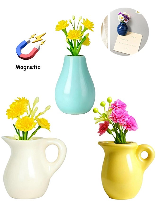 جي دي 3 قطع من مغناطيسات الثلاجة على شكل مزهريات سيراميك صغيرة لطيفة، مغناطيسات ثلاثية الأبعاد لأصص النباتات مع زهور صناعية، ديكور مغناطيسي قوي للثلاجة للمطبخ والمكتب والخزانة، مجموعة هدايا ديكور مميزة - Image 1