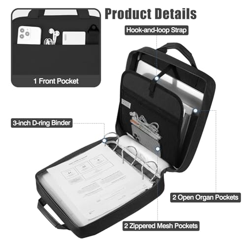 MoKo Zipper Binder, 3 Inch 3 Ring Binder with 700 Sheets Capacity & Shoulder Strap & Handle, Multi-Pocket Zipper Organizer for Middle School, Black - Image 3