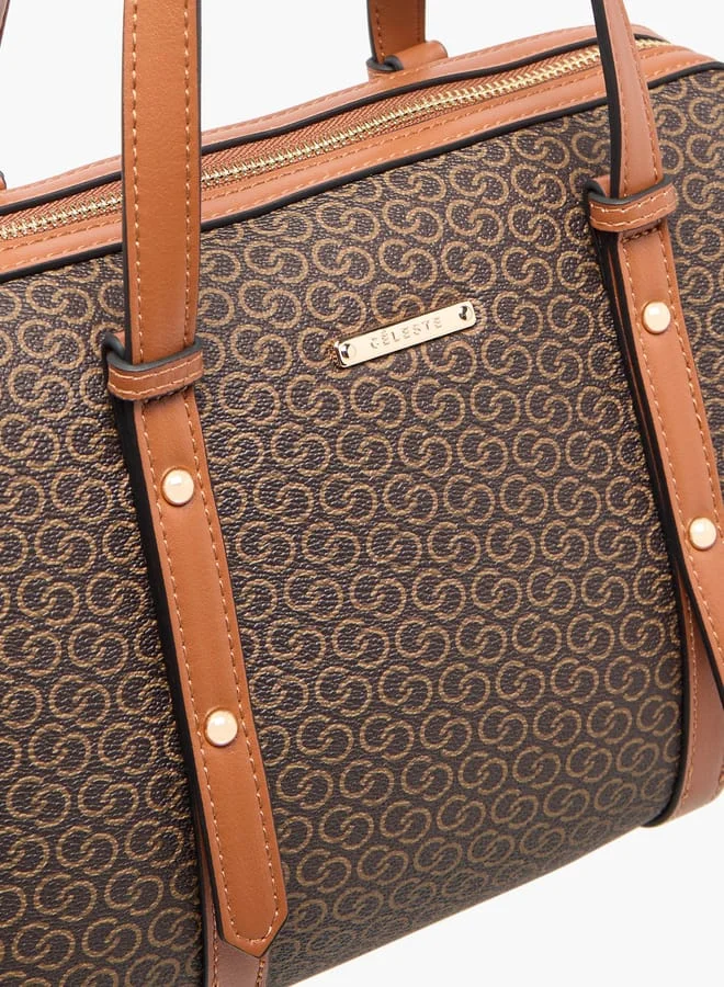 Celeste Women Monogram Print Tote Bag with Zip Closure and Detachable Strap