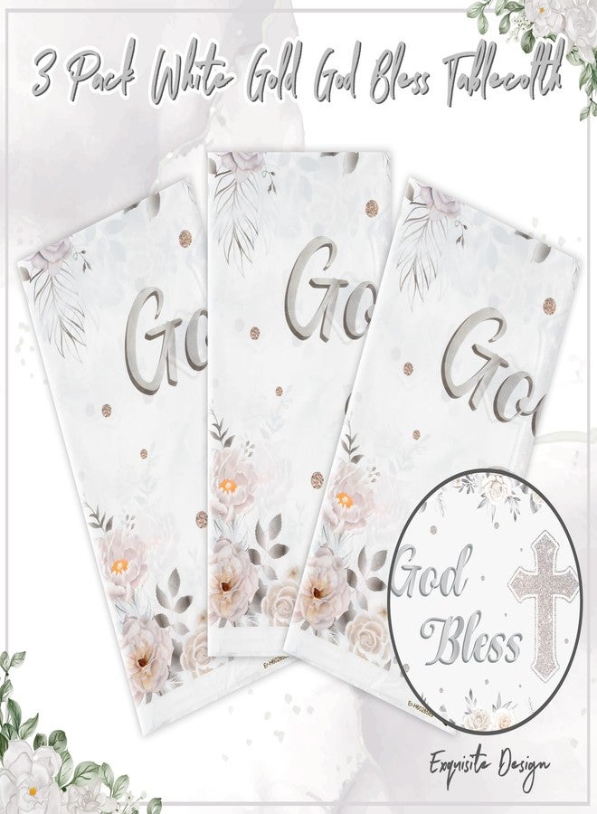 BkeeCten God Bless Baptism Tablecloths - 3-Pack White Gold Baby Baptism Party Table Cover Silver Color Flower Cross Dosposable Plastic Waterproof Rectangle God Bless Tablecloth Baby First Communion - Image 3