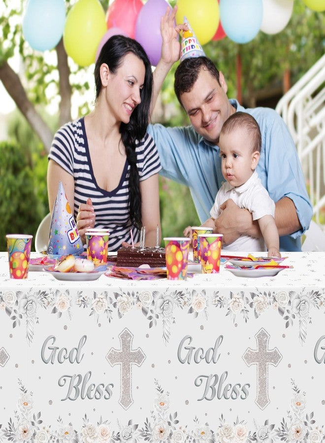 BkeeCten God Bless Baptism Tablecloths - 3-Pack White Gold Baby Baptism Party Table Cover Silver Color Flower Cross Dosposable Plastic Waterproof Rectangle God Bless Tablecloth Baby First Communion - Image 5