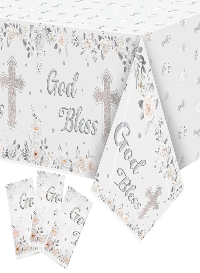 BkeeCten God Bless Baptism Tablecloths - 3-Pack White Gold Baby Baptism Party Table Cover Silver Color Flower Cross Dosposable Plastic Waterproof Rectangle God Bless Tablecloth Baby First Communion - Image 1
