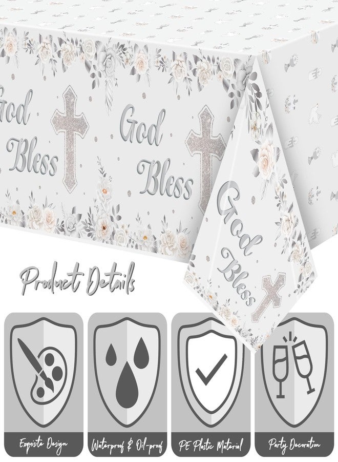 BkeeCten God Bless Baptism Tablecloths - 3-Pack White Gold Baby Baptism Party Table Cover Silver Color Flower Cross Dosposable Plastic Waterproof Rectangle God Bless Tablecloth Baby First Communion - Image 4