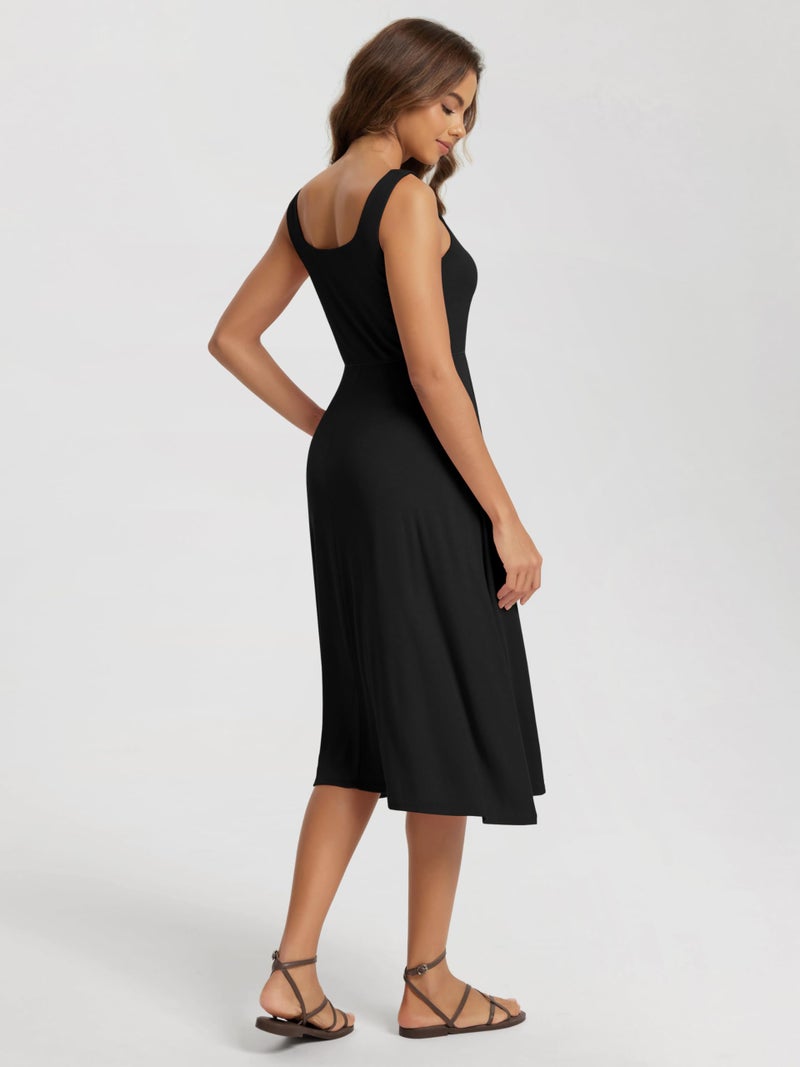 ODODOS Square Neck Midi Dress with Pockets for Women Summer Casual Sleeveless Sundress Flare Tank Dress, Black, Medium - Image 2