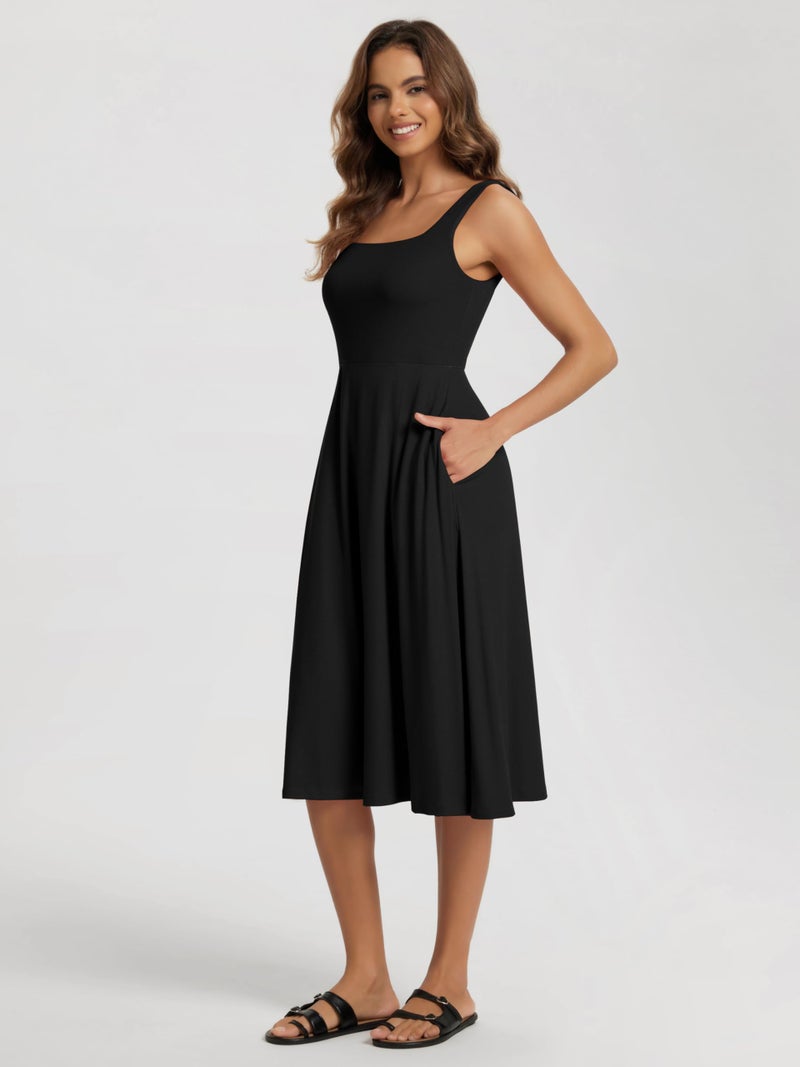 ODODOS Square Neck Midi Dress with Pockets for Women Summer Casual Sleeveless Sundress Flare Tank Dress, Black, Medium - Image 3