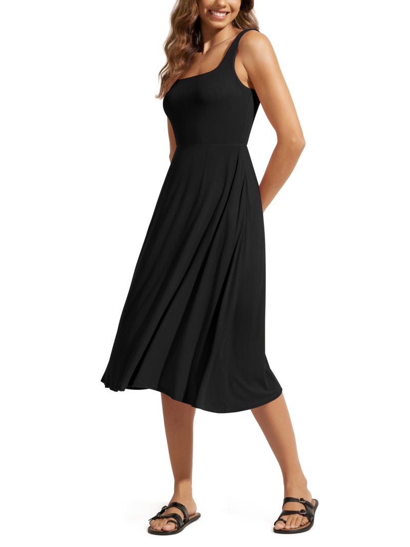 ODODOS Square Neck Midi Dress with Pockets for Women Summer Casual Sleeveless Sundress Flare Tank Dress, Black, Medium - Image 1