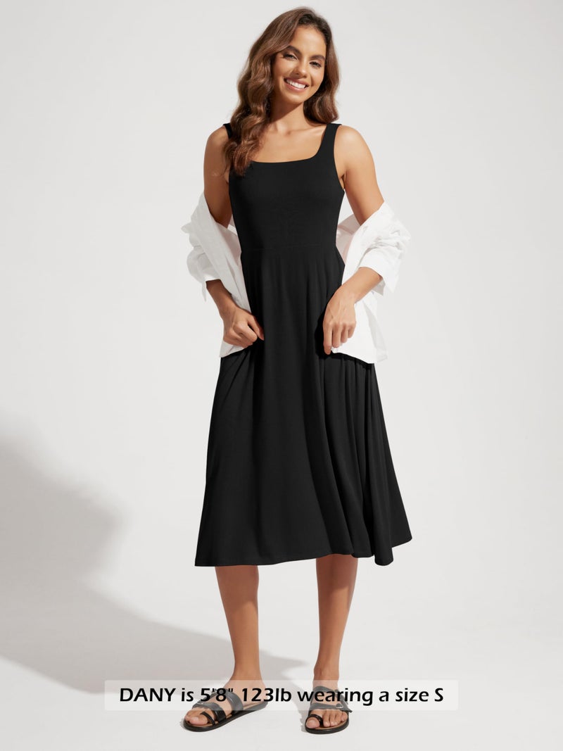 ODODOS Square Neck Midi Dress with Pockets for Women Summer Casual Sleeveless Sundress Flare Tank Dress, Black, Medium - Image 4