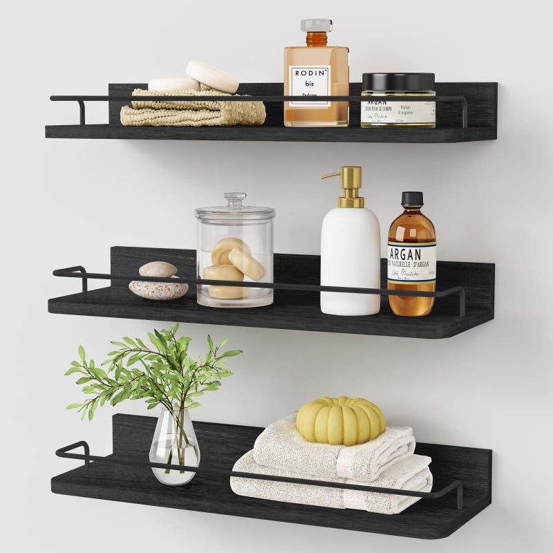 Forbena Black Floating Shelves for Wall, Bahtroom Wall Shelves Over Toilet, Rustic Hanging Shelf with Lip Rail for Bedroom Kitchen Office Living Room Picture Photo Decor, 17 Inch Long-Set of 3 - Image 1