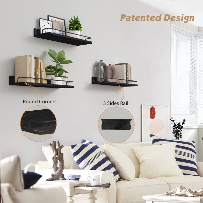 Forbena Black Floating Shelves for Wall, Bahtroom Wall Shelves Over Toilet, Rustic Hanging Shelf with Lip Rail for Bedroom Kitchen Office Living Room Picture Photo Decor, 17 Inch Long-Set of 3 - Image 4