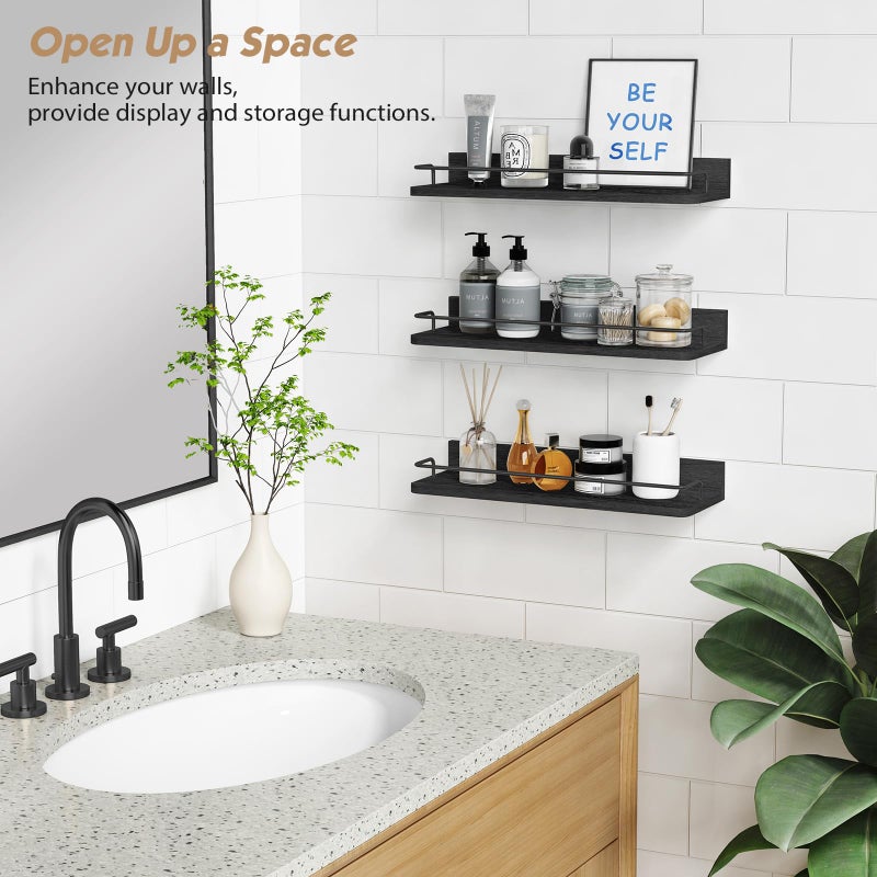 Forbena Black Floating Shelves for Wall, Bahtroom Wall Shelves Over Toilet, Rustic Hanging Shelf with Lip Rail for Bedroom Kitchen Office Living Room Picture Photo Decor, 17 Inch Long-Set of 3 - Image 5