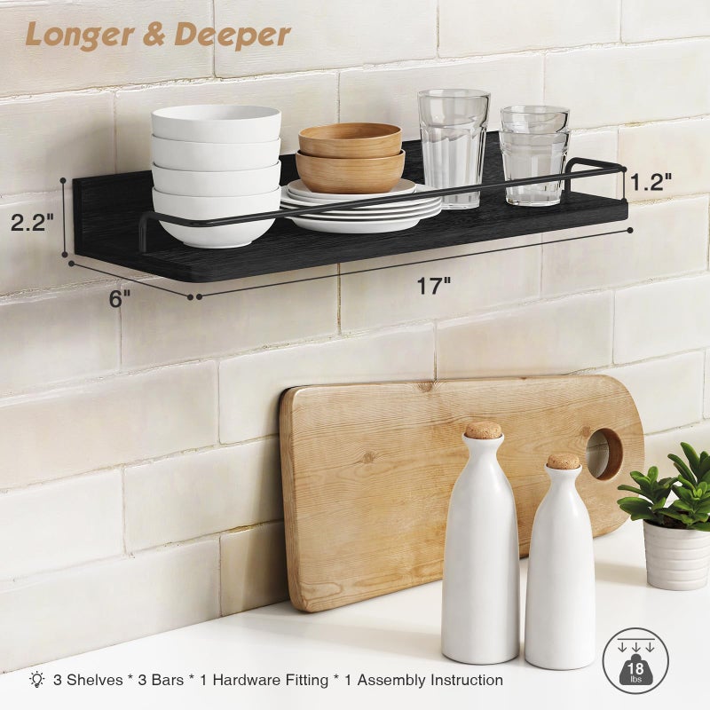 Forbena Black Floating Shelves for Wall, Bahtroom Wall Shelves Over Toilet, Rustic Hanging Shelf with Lip Rail for Bedroom Kitchen Office Living Room Picture Photo Decor, 17 Inch Long-Set of 3 - Image 3