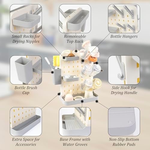 AKS B2C Baby Bottle Drying Rack Space Saving Countertop Vertical Rack with Brushes Holder (Gray) - Image 5