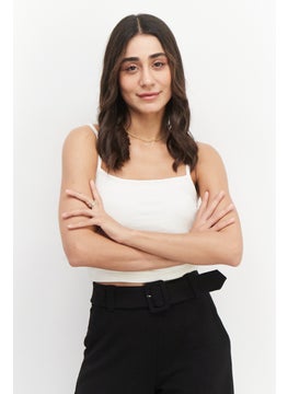 Women Square Neck Sleeveless Solid Crop Top, Off White