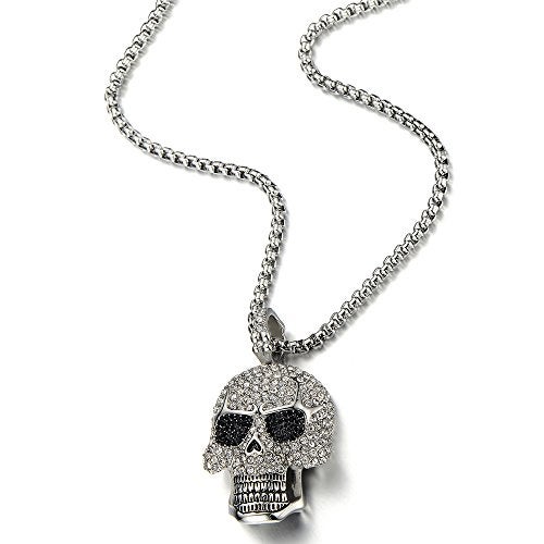 COOLSTEELANDBEYOND Steel Large Sugar Skull Pendant Necklace for Men Women with Cubic Zirconia and 30 inches Wheat Chain - Image 4