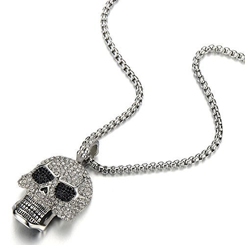 COOLSTEELANDBEYOND Steel Large Sugar Skull Pendant Necklace for Men Women with Cubic Zirconia and 30 inches Wheat Chain - Image 2