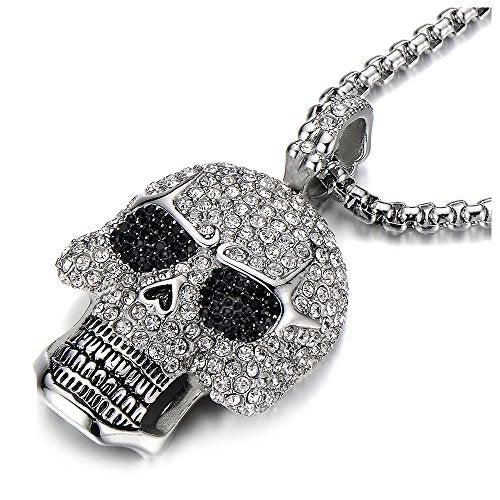 COOLSTEELANDBEYOND Steel Large Sugar Skull Pendant Necklace for Men Women with Cubic Zirconia and 30 inches Wheat Chain - Image 1