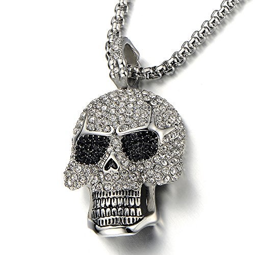 COOLSTEELANDBEYOND Steel Large Sugar Skull Pendant Necklace for Men Women with Cubic Zirconia and 30 inches Wheat Chain - Image 3