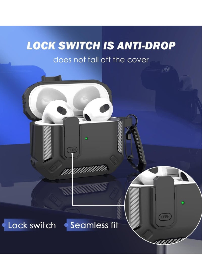 عام غطاء حافظة AirPods الجيل الثالث مع مجموعة أدوات تنظيف، درع واقٍ عسكري بغطاء صلب مع قفل لحقيبة شحن AirPod Gen 3 2024، مصباح LED أمامي مرئي، أسود - Image 2