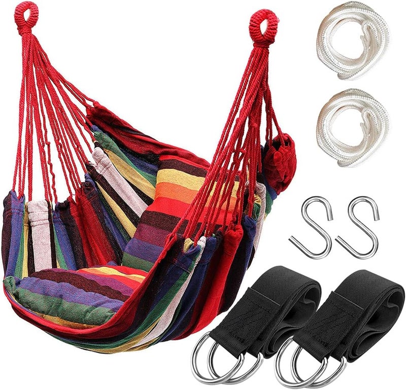 Hatisan Hammock Chair Hanging Rope Swing Seat for Indoor Outdoor, Sturdy Cotton Weave Hammock Swing, Max 300Lbs Hanging Hammock Chair for Bedroom Patio Porch (Pole and Pillows NOT Included, Rainbow) - Image 1