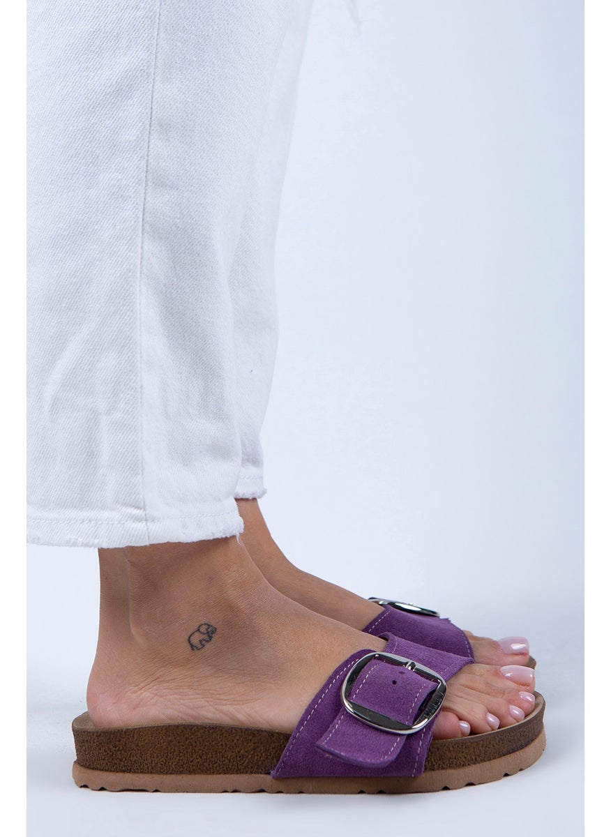 Manijero Jade Women's Leather Single Buckle Purple Suede - Silver Slippers  - Image 3
