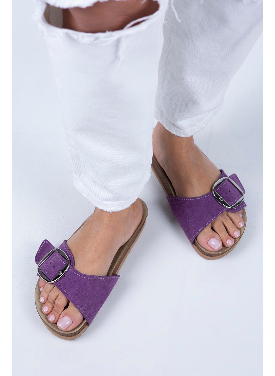 Manijero Jade Women's Leather Single Buckle Purple Suede - Silver Slippers  - Image 1
