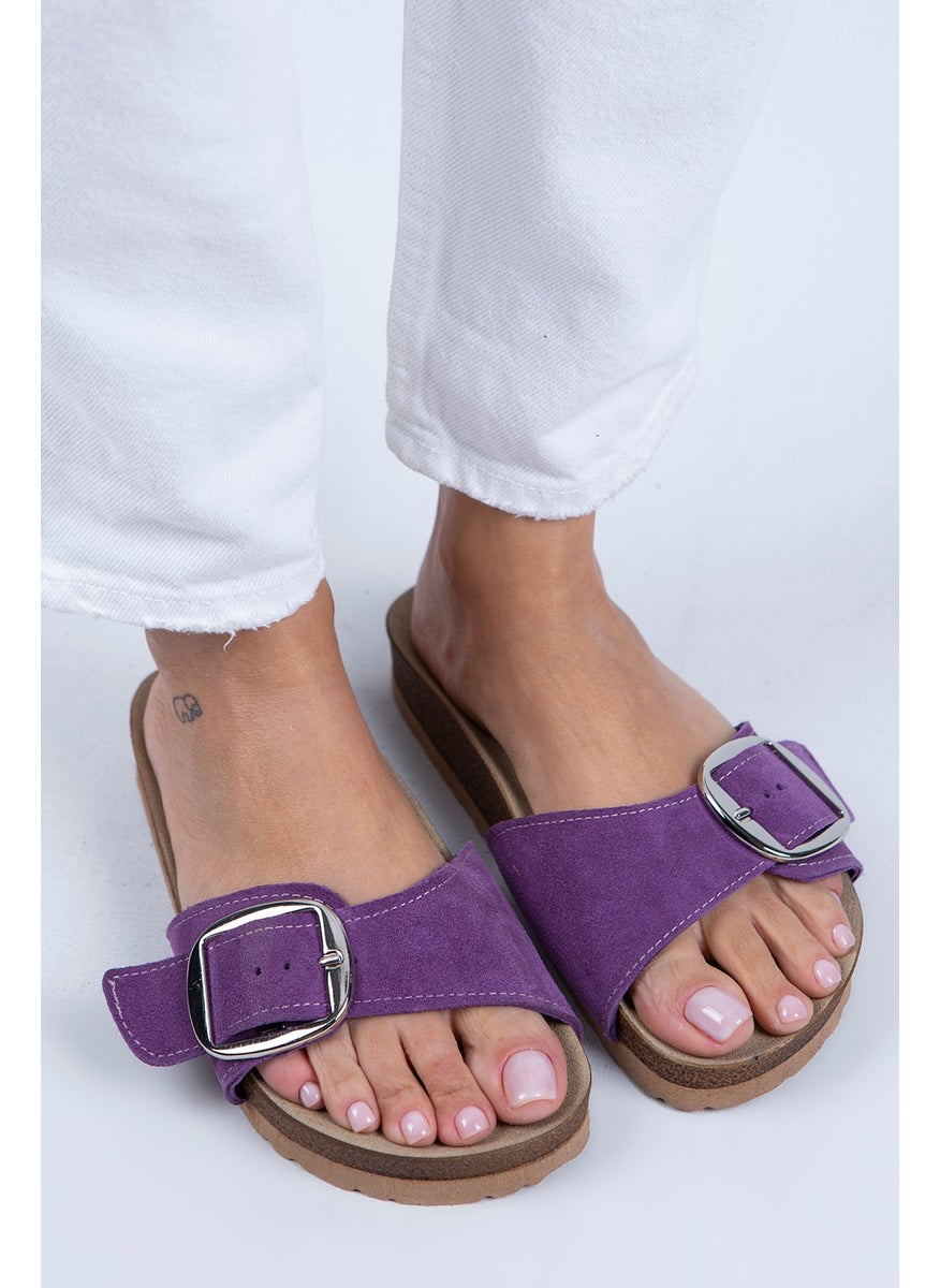 Manijero Jade Women's Leather Single Buckle Purple Suede - Silver Slippers  - Image 4