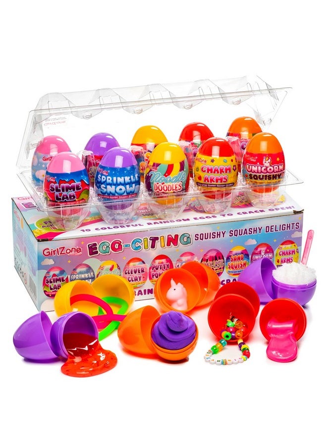 GirlZone - Egg-Citing Squashy Delights, 10 Prefilled Easter Eggs With Diy Slime, Putty, Clay, Unicorn Squishy & Charm, Sensory Surprise Toys For Kids, Easter Gift For Boys And Girls - Image 1