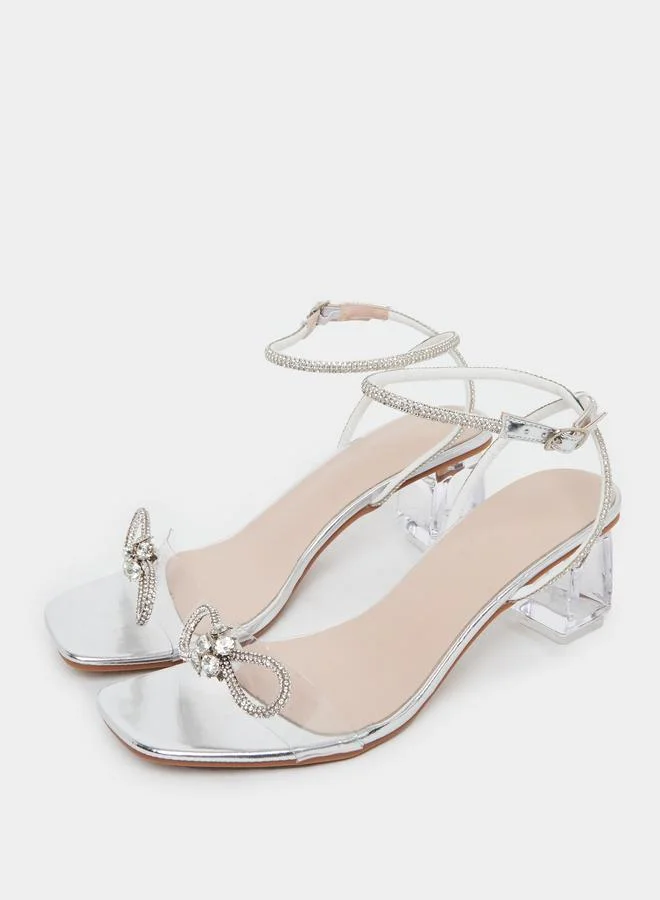 تايك تو Take Two Transparent Strap Embellished Bow Block Heel Sandals