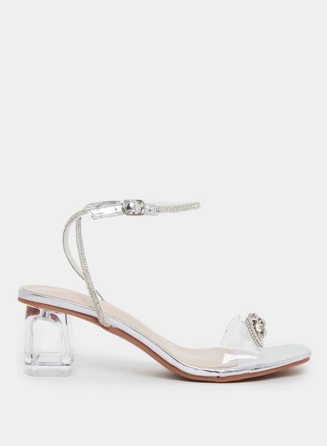 تايك تو Take Two Transparent Strap Embellished Bow Block Heel Sandals