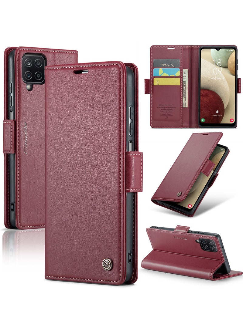 Phone Case for Samsung Galaxy A12 / M12 Anti-scratch Leather Kickstand Card Slot Money Pocket burgundy  - Image 1
