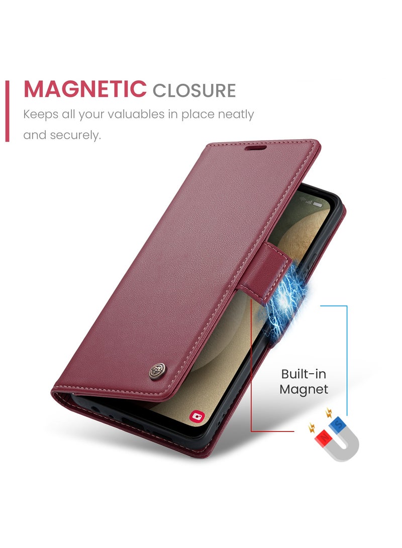 Phone Case for Samsung Galaxy A12 / M12 Anti-scratch Leather Kickstand Card Slot Money Pocket burgundy  - Image 3